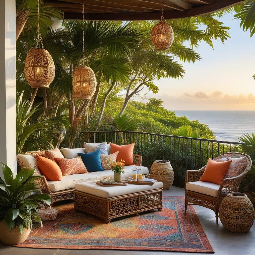 A serene coastal patio setting with hanging rattan chairs, vibrant tropical plants, and soft, colorful cushions. The backdrop features a picturesque ocean view and gentle waves, while the sun sets, casting a warm golden glow over the scene. Include small touches like a stylish outdoor rug and cozy lanterns for ambiance. Capturing the essence of relaxation and tropical charm. super-realistic. vibrant colors. sunset ambiance.
