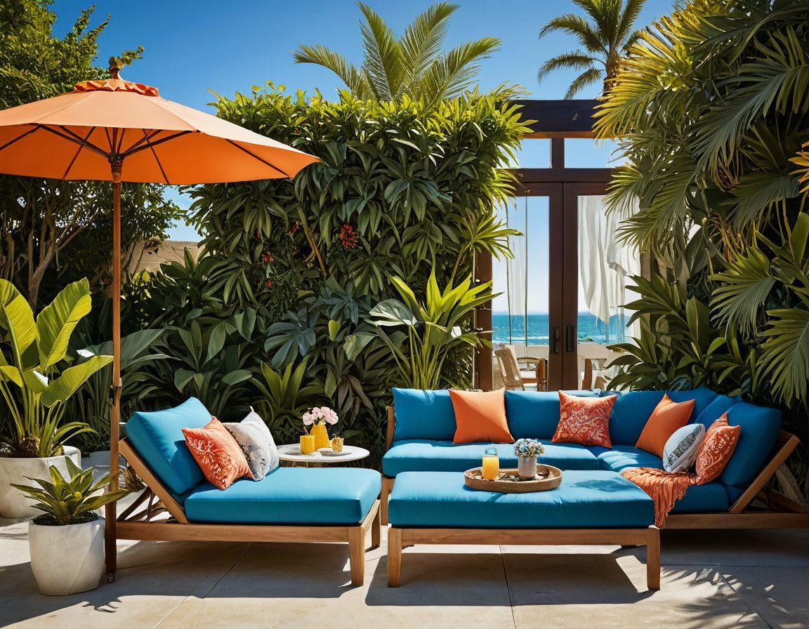 A sunny outdoor terrace transformed into a beach-inspired oasis, showcasing vibrant swimwear draped over stylish loungers, surrounded by tropical plants and colorful beach umbrellas. A cozy seating area with soft cushions and ocean-themed decor, with the sea visible in the background. Accentuated by warm sunlight and a clear blue sky. super-realistic. vibrant colors. 3D.