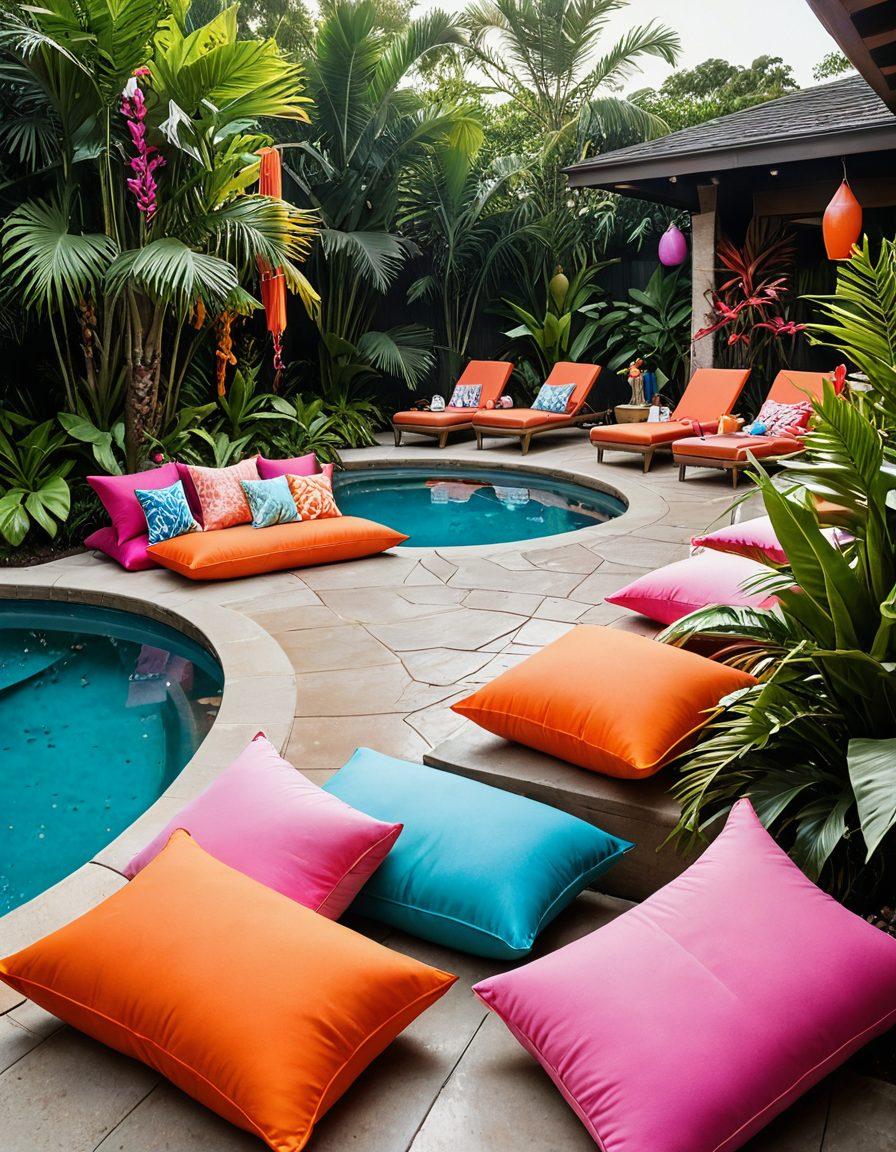 A vibrant outdoor terrace adorned with colorful, bikini-inspired decor elements, featuring tropical plants, bright cushions, and beach towels. Include a sun-drenched pool area with playful inflatables, tiki torches, and a sunset backdrop. The atmosphere should evoke a carefree, tropical paradise vibe. super-realistic. vibrant colors. warm lighting.